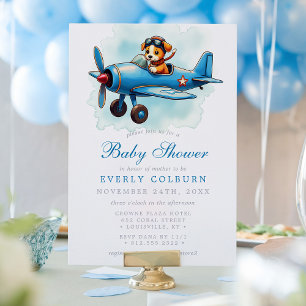 Invitation Fête prénatale Vintage Avion Pilote Chiot Garçon