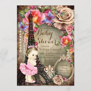 Invitation Fête Prénatale Vintage Ballerine Tour Eiffel Paris