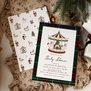 Invitation Fête Prénatale Vintage Noël Carrousel Tartan