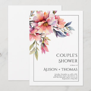 Invitation Fête prénuptiale couple fleurs rose pêche de rhodo
