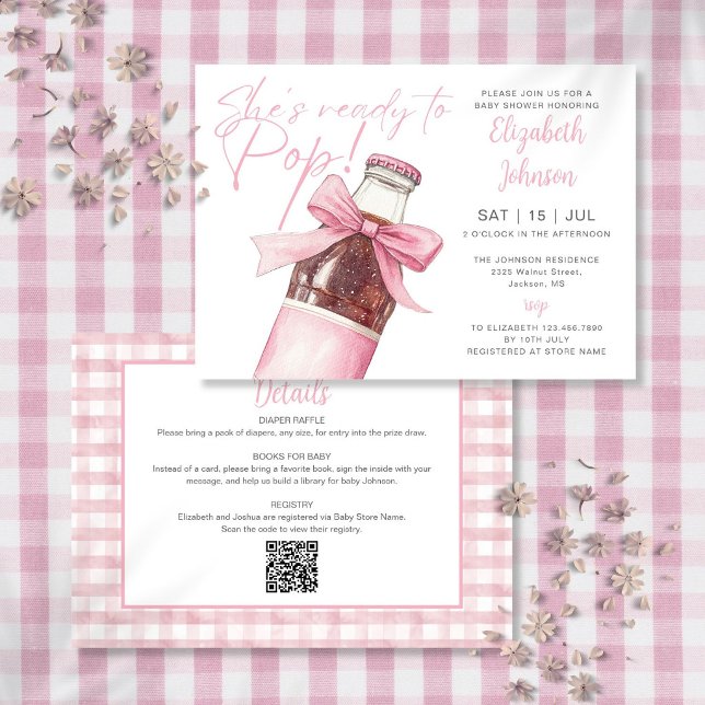 Invitation Fête Prête À Éclater Code QR Bouteille De Soda Ros (Ready To Pop Pink Soda Bottle QR Code Baby Shower Invitation)