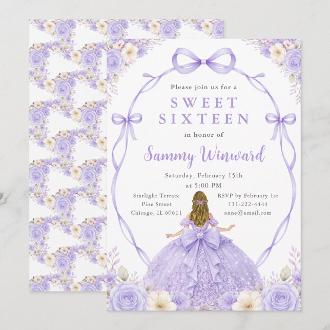 Invitation Fête Princesse Florale Violette pour les Seize Ans (Devant / Derrière)