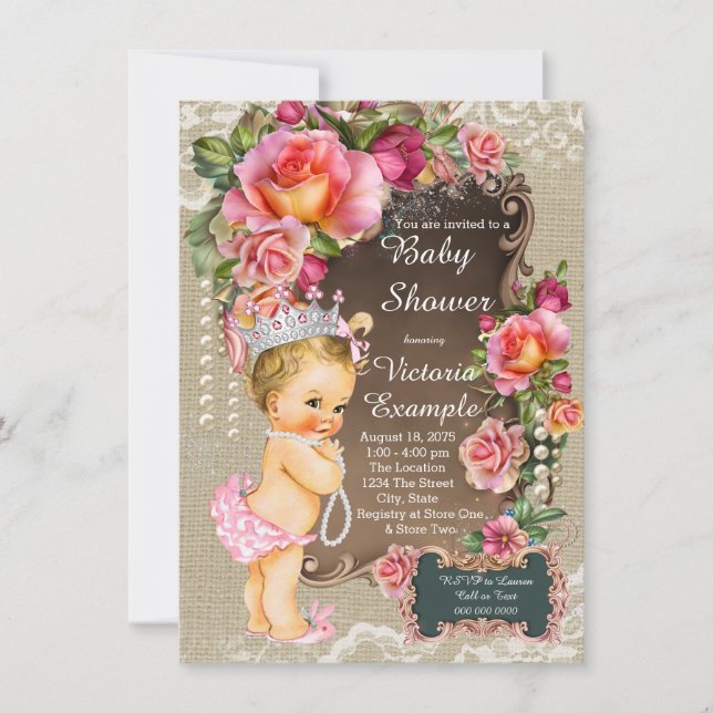 Invitation Fête Princier Bébé Dentelle de Jute Perle Chic Rus (Devant)