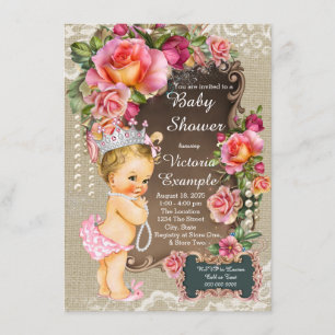 Invitation Fête Princier Bébé Dentelle de Jute Perle Chic Rus