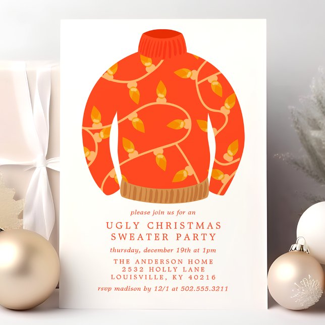 Invitation Fête Pull de Noël Moche avec Guirlandes Lumineuses (Créateur téléchargé)