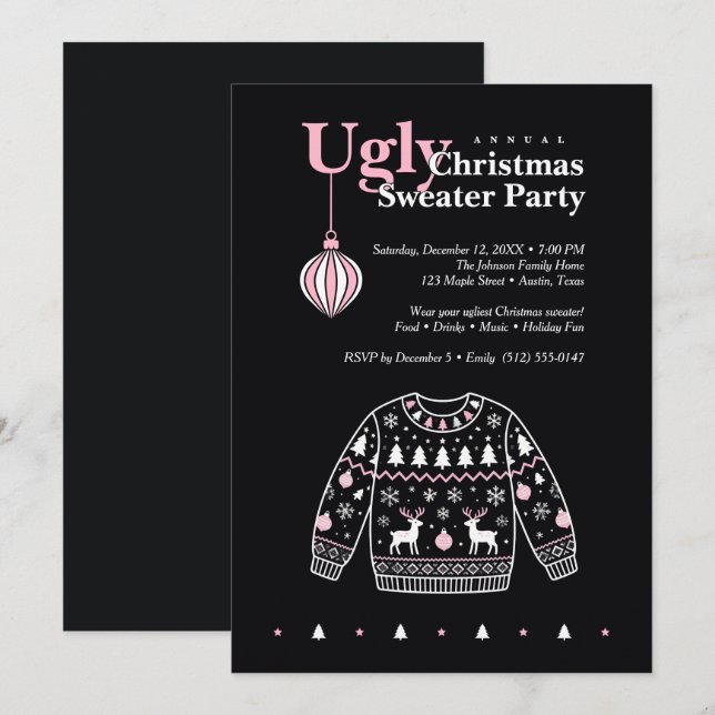 Invitation Fête Pull de Noël Moche Noir Rose TMF26 (Devant / Derrière)
