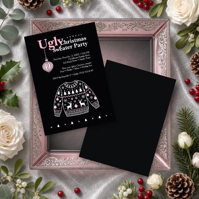 Invitation Fête Pull de Noël Moche Noir Rose TMF26 (Ugly Christmas Sweater Party Invitation with Chic Black and Pink Holiday Sweater.)
