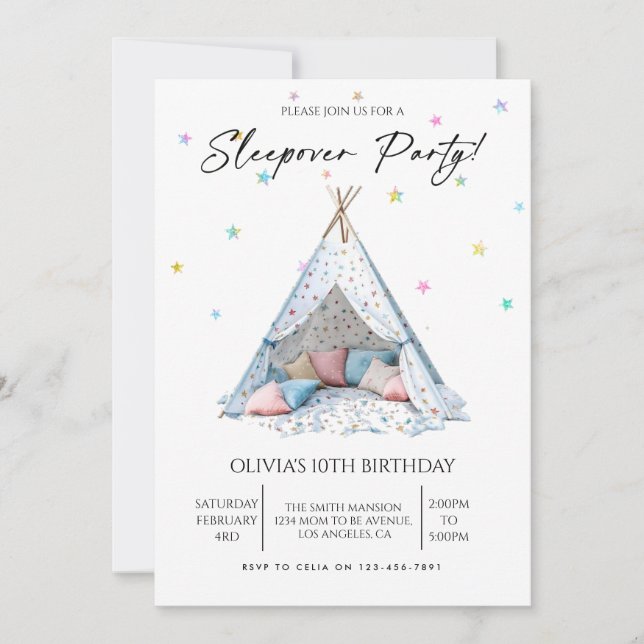 Invitation Fête pyjama d'anniversaire de fille (Devant)