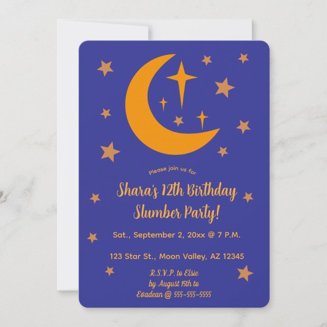 Invitation Fête Pyjama Editable Lune et Étoiles (Devant)
