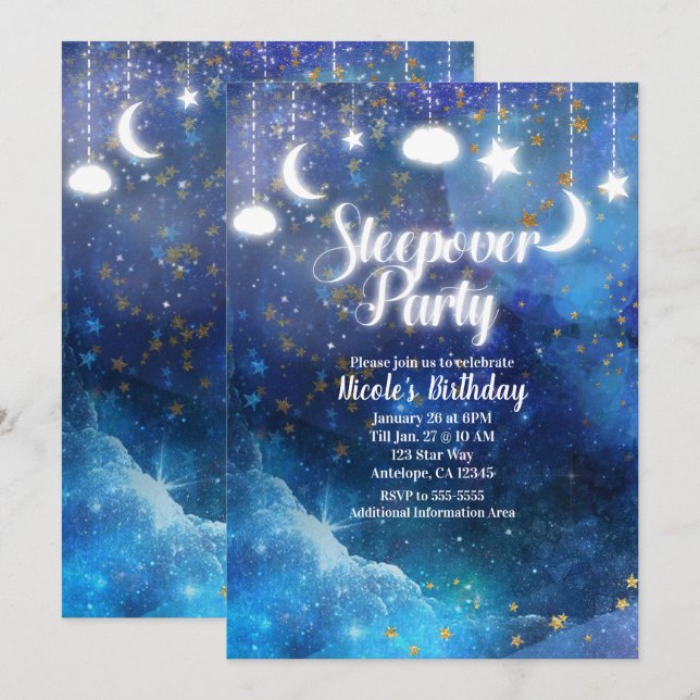Invitation Fête Pyjama Étoiles Dorées Fantastique Céleste Lum (Devant / Derrière)