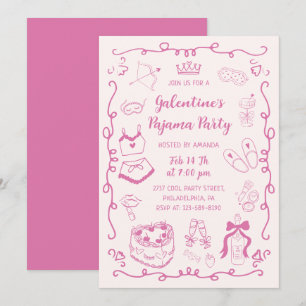 Invitation Fête Pyjama Galentine Rose Féminin Dessinée à la M