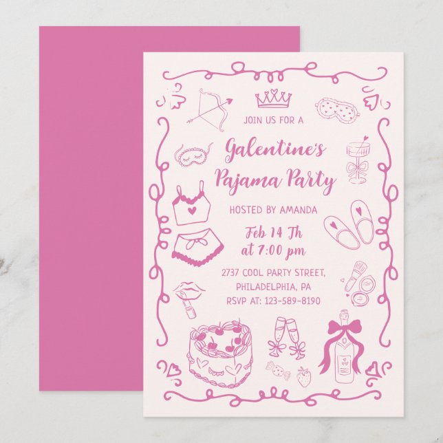Invitation Fête Pyjama Galentine Rose Féminin Dessinée à la M (Devant / Derrière)