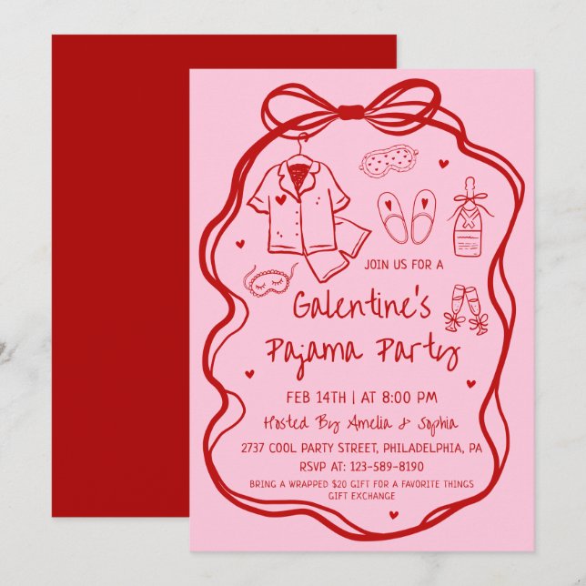 Invitation Fête Pyjama Galentine's Fantaisiste à Main Levée  (Devant / Derrière)