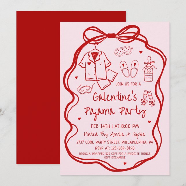 Invitation Fête Pyjama Galentine's Fantaisiste à Main Levée  (Devant / Derrière)