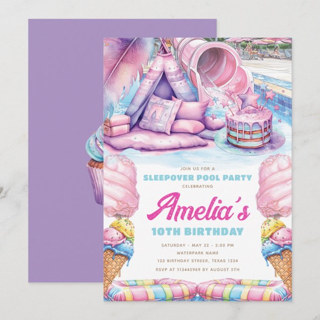 Invitation Fête pyjama piscine pour filles (Devant / Derrière)