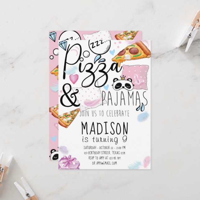 Invitation Fête Pyjama Pizza et Déguisement (Devant/Arrière en situation)