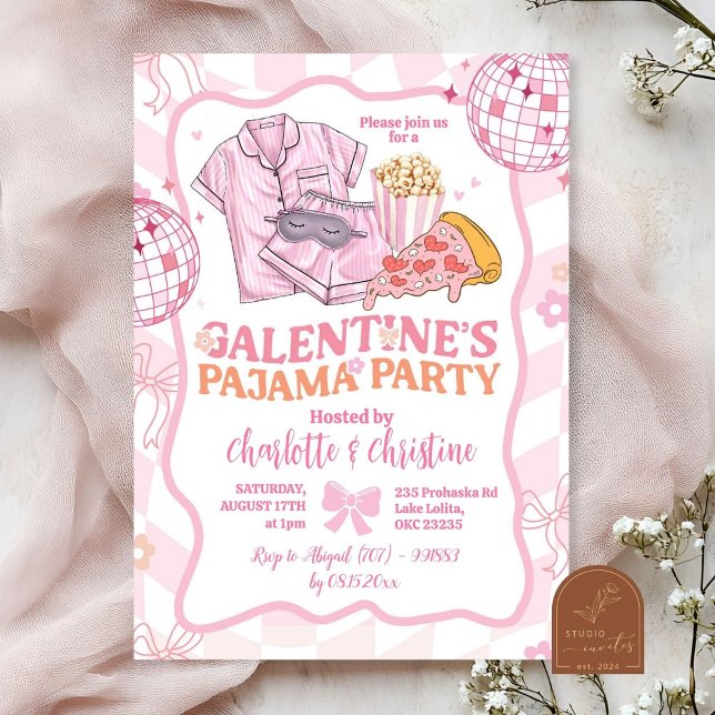 Invitation Fête Pyjama Rétro Rose Doux de la Galentine (Créateur téléchargé)