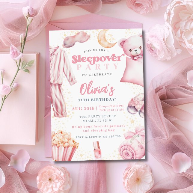 Invitation Fête Pyjama Soirée de Nuit Fille Spa Rose Annivers (Créateur téléchargé)