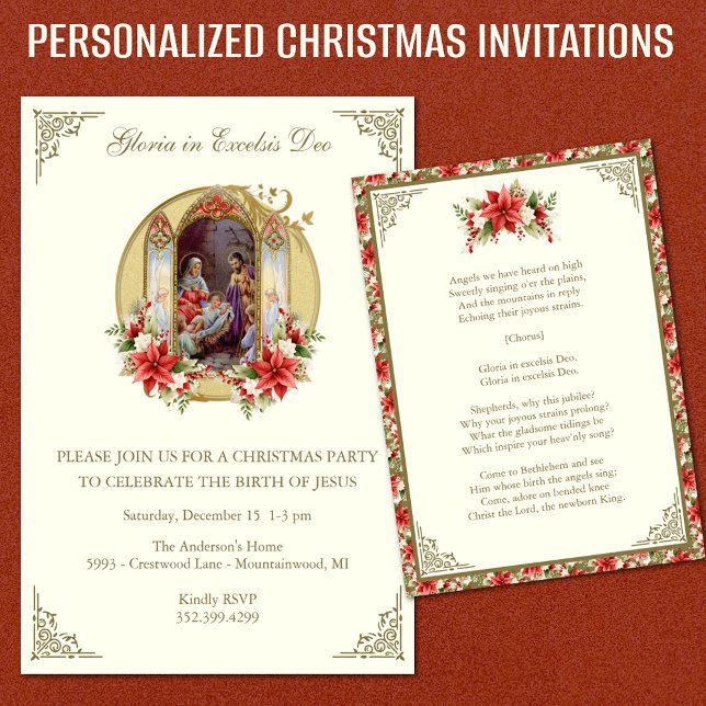 Invitation Fête religieuse d'anniversaire de Noël pour Jésus  (Traditional Religious Vintage Christmas Party Invitations Easy to Personalize )