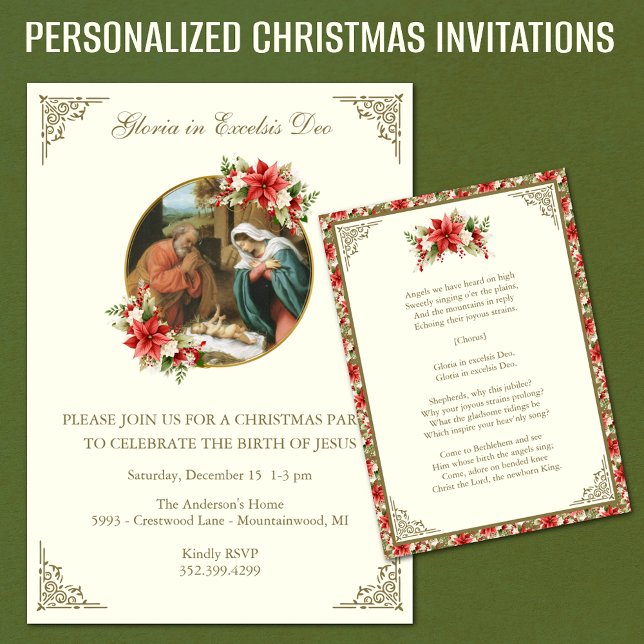 Invitation Fête religieuse de Noël pour Jésus (Personalized Vintage Christmas Invitations with Nativity Scene, Christmas Hymn and red poinsettias)