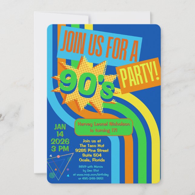 Invitation Fête Rétro 90 Anniversaire Bleu Clair Nostalgique (Devant)