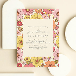 Invitation Fête rétro boho florale 50e anniversaire
