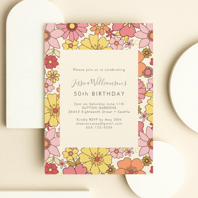 Invitation Fête rétro boho florale 50e anniversaire (Créateur téléchargé)
