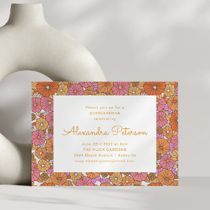 Invitation Fête rétro florale orange rose Quinceañera