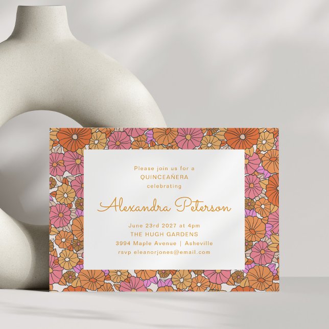 Invitation Fête rétro florale orange rose Quinceañera (Créateur téléchargé)