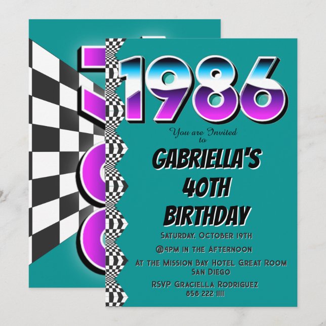 Invitation Fête rétro vintage 40e anniversaire 1986  (Devant / Derrière)