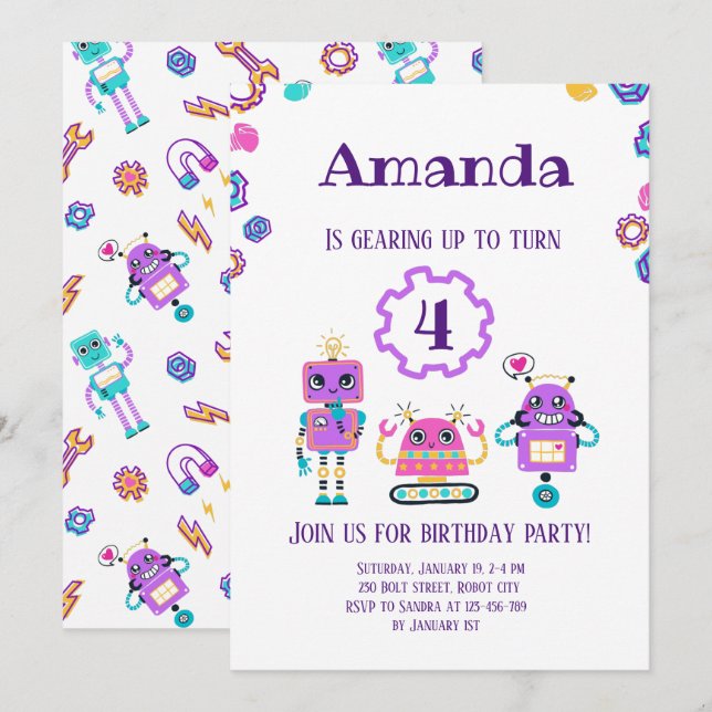 Invitation Fête robotique Fille Rose anniversaire (Devant / Derrière)
