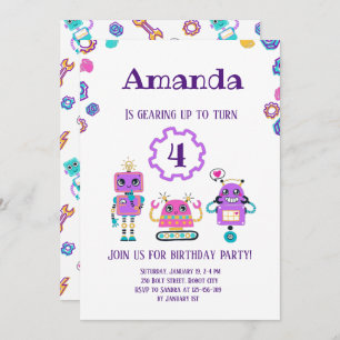 Invitation Fête robotique Fille Rose anniversaire