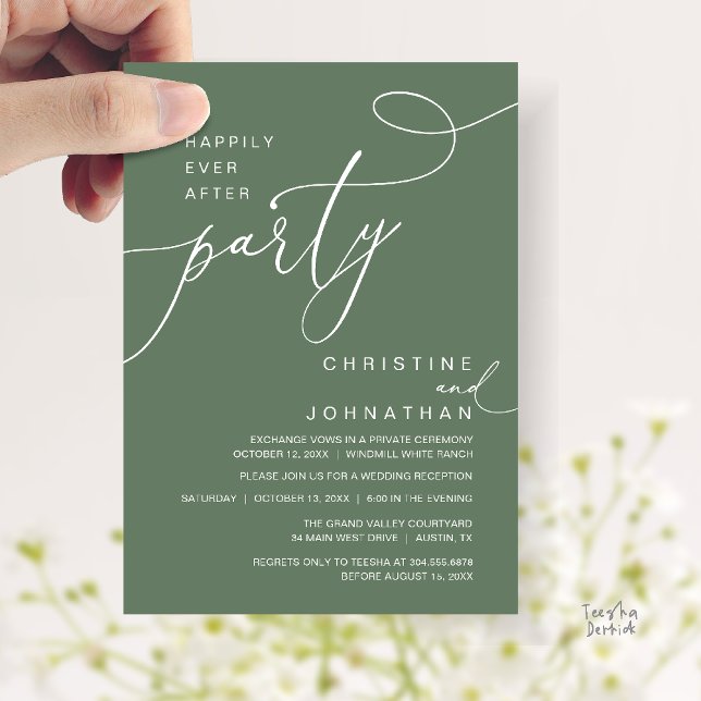 Invitation Fête Romantique de Mariage Pour Toujours (Happily Ever After Party Romantic Weds Reception Invitation Card in Sage Green)