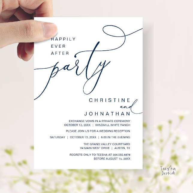 Invitation Fête Romantique Mariage Pour Toujours Réception (Happily Ever After Party Romantic Weds Reception Invitation Card in Navy Blue)