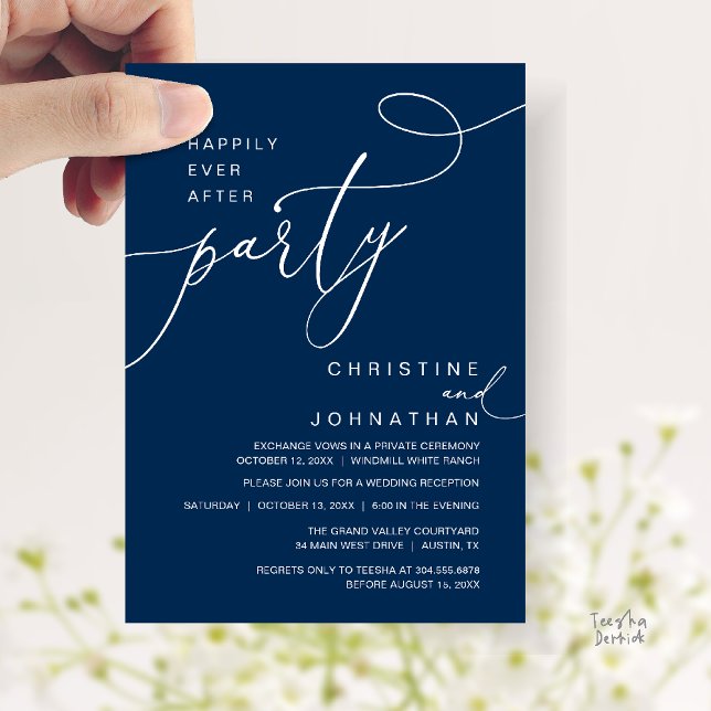 Invitation Fête Romantique Mariage Pour Toujours Réception (Happily Ever After Party Romantic Weds Reception Invitation Card in Navy Blue)