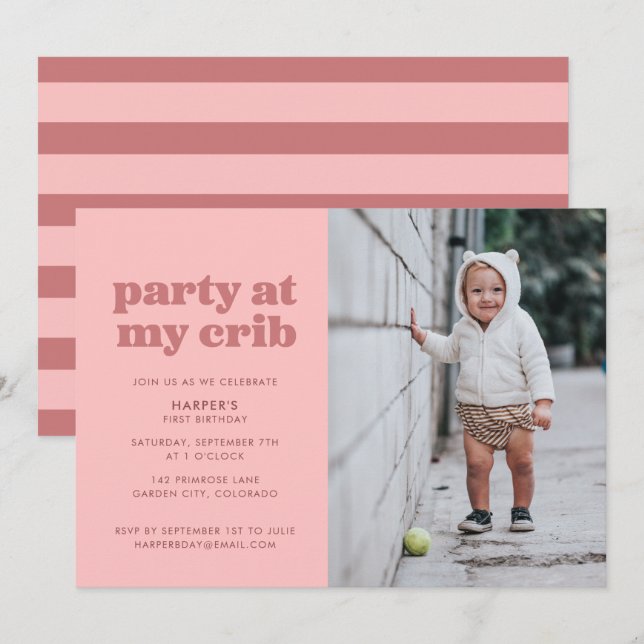 Invitation Fête rose à My Crib 1er fête d'anniversaire (Devant / Derrière)