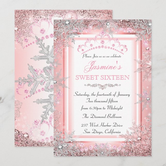 Invitation Fête Rose Argentée Winter Wonderland Sweet 16 (Devant / Derrière)