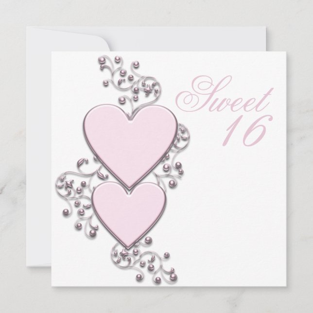 Invitation Fête rose cœur Sweet 16 rose (Devant)