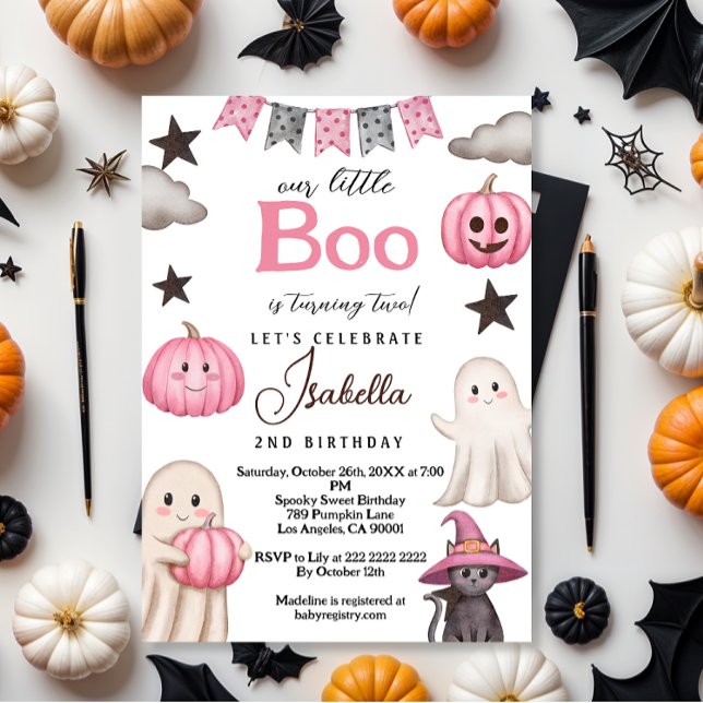 Invitation fête rose fantôme mignon boo – Halloween 2e annive (Créateur téléchargé)