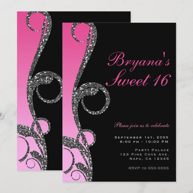 Invitation Fête Rose Noir Argent Pailleté Tourbillon Sweet 16 (Devant / Derrière)