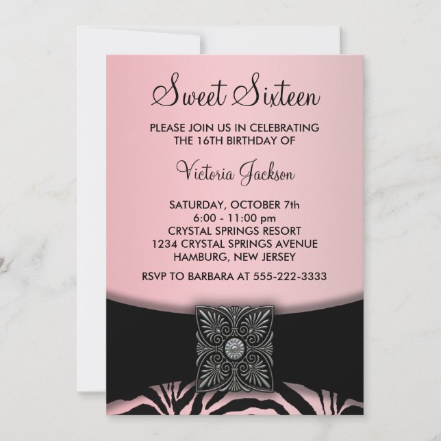 Invitation Fête Rose Noir Zèbre pour un Seize Ans Douce (Devant)