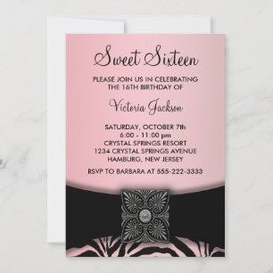 Invitation Fête Rose Noir Zèbre pour un Seize Ans Douce