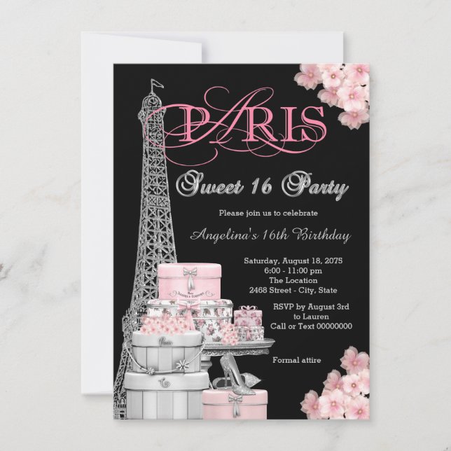 Invitation Fête Rose Paris Sweet 16 (Devant)
