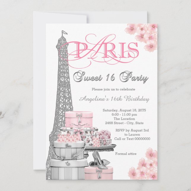 Invitation Fête Rose Paris Sweet 16 (Devant)