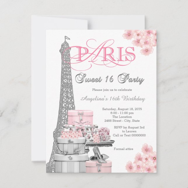 Invitation Fête Rose Paris Sweet 16 (Devant)