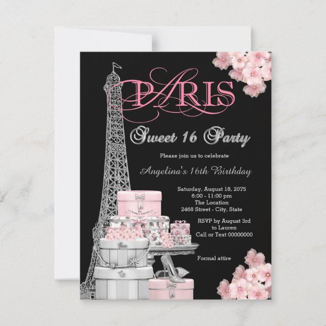 Invitation Fête Rose Paris Sweet 16 (Devant)
