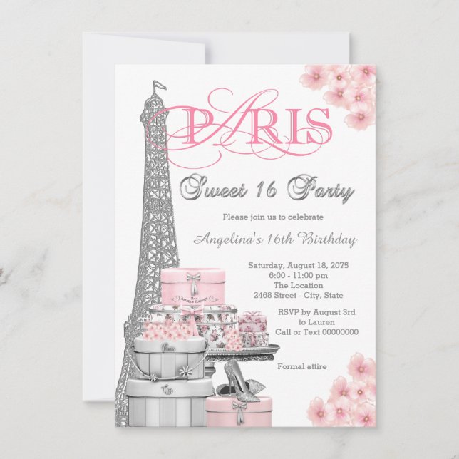 Invitation Fête Rose Paris Sweet 16 (Devant)