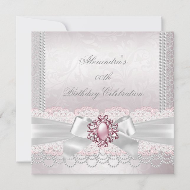 Invitation Fête Rose Perle Dentelle Damassé Blanc Nœud (Devant)