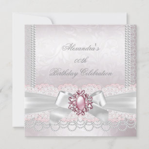 Invitation Fête Rose Perle Dentelle Damassé Blanc Nœud