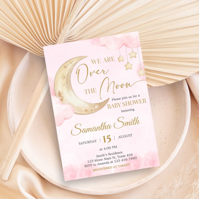 Invitation Fête Rose pour une Baby Shower Over the Moon  (Over the Moon Baby Shower Invitation)